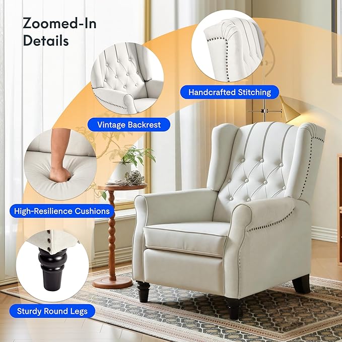 FLEXISPOT XC5 Pushback Recliner Chair for Adults Mid Century Wingback Accent Chair with Rivet Decoration Tufted Upholstered Single Sofa Armchair for Living Room Bedroom Study (PU Brown)