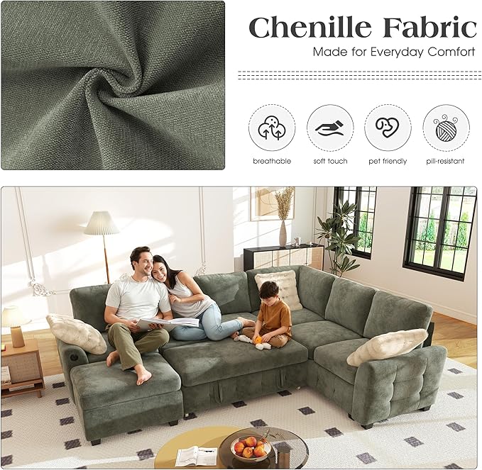 Ihanherry 106-inch Large L-Shaped Sectional Sofa Bed 7-Seater Convertible Pull Out Sleeper with Storage Ottoman 4 Pillows &amp USB Charging Ports Premium Chenille Fabric for Big Living Room（Gray）