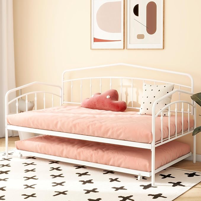 Christopher Knight Home Fox Twin Daybed with Trundle Metal Sofa Bed Set Rollaway Daybed Couch Bed Frame for Bedroom Living Room Guest Room Elegant and Simple Style Anti-Noise Easy Assembly White