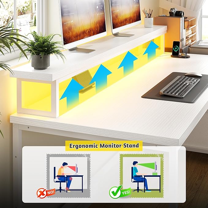 Computer Desk with DrawersOffice Desk with Printer Shelf &amp Monitor StandGaming Desk with Power Outlets &amp LED LightsCorner Table with Side Storage Bag White