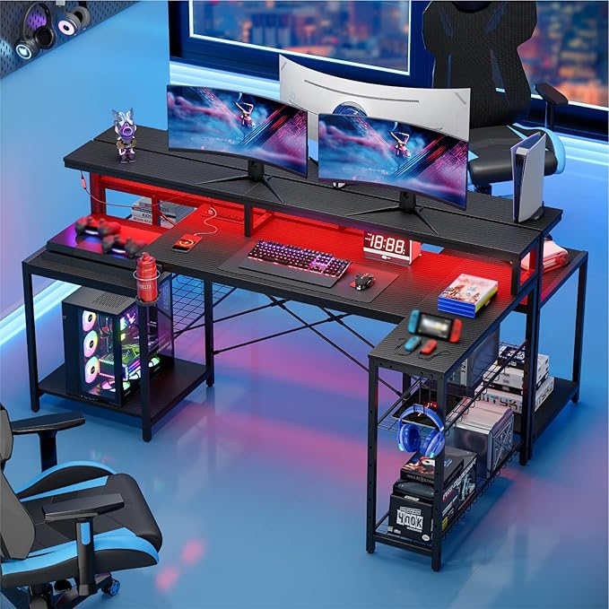 Bestier Gaming Desk with Power Outlet 71.5 inch LED Computer Desk with Monitor Stand L Shaped Large Desk with Metal Shelf Cup Holder &amp Headset Hooks Corner Desk for Bedroom 3D Carbon Fiber