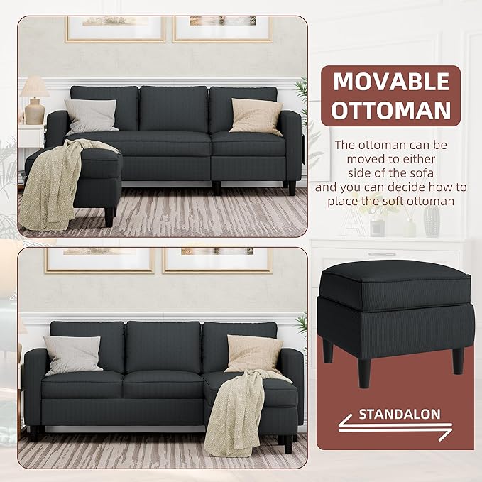Nuturelly Nutually Convertible Sectional Sofa Couch with Movable Ottoman 3-Seater Modern L-Shaped Sofa for Small Spaces Soft Fabric Couch for Living Room Small Apartment &amp Office(Dark Gray)