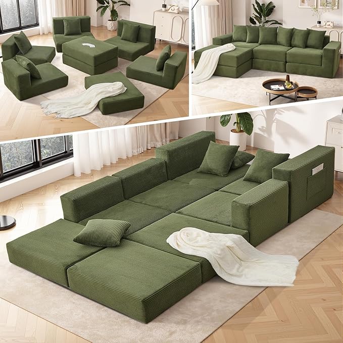 102 Upgraded L-shaped Modular Sectional Couches for Living Room Convertible Oversized Sleeper Sofa Bed-Luxury 1.5 Queen Bed. 11-in-1 Multifunctional Corduroy Boneless Folding Futon Couch Green.