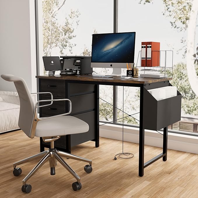 47.3 Office Desk with Power Outlet3drawers and Side Pocket Easy to Assemblee Stability Reversible for Home Office StudyRustic Brown