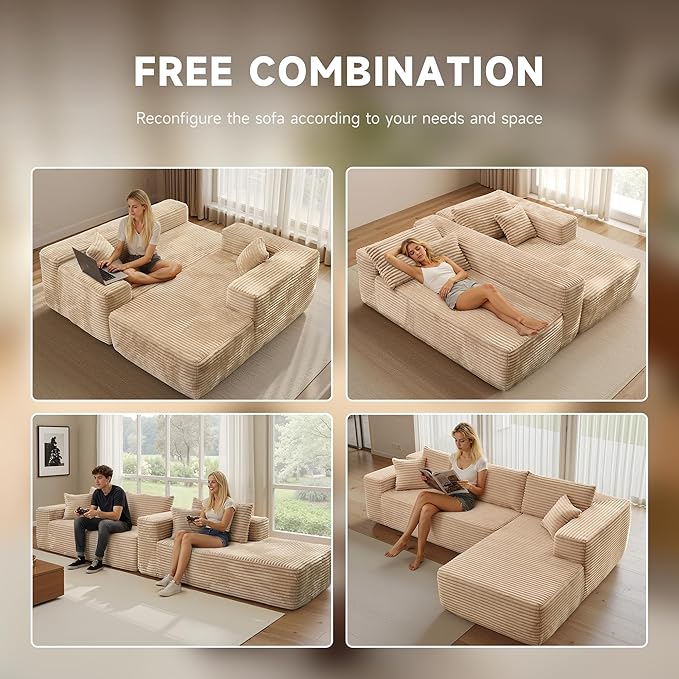 106″ Modular Sectional Sofa L-Shaped Chaise Lounge Cloud Couch with Deep Seat Convertible Boneless Sectional Couches for Living Room No Assembly Required Beige Plush Corduroy