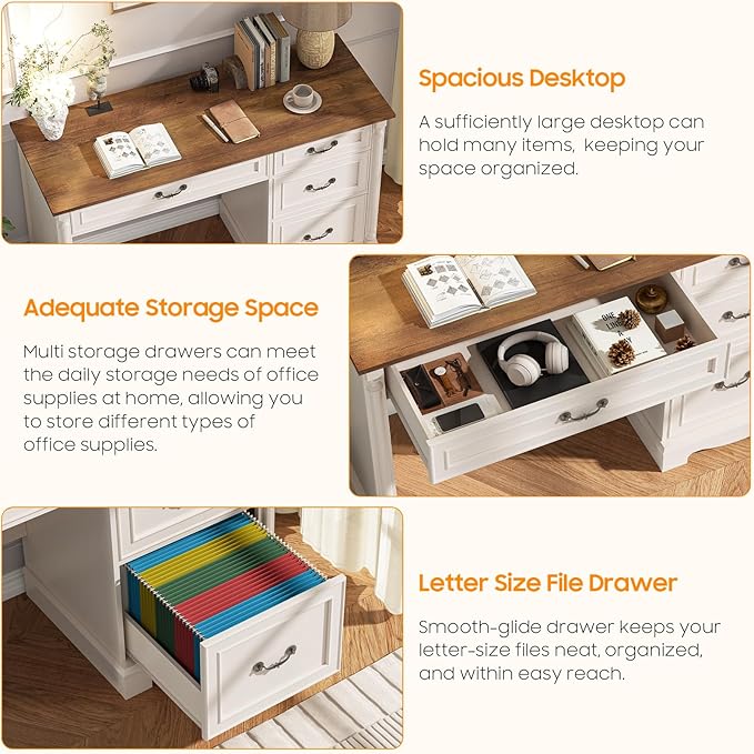 Farmhouse 47 Executive Desk with File Drawer4 Drawers Roman Style Computer Desk with Roman Column Designfor Study Home Office Writing.