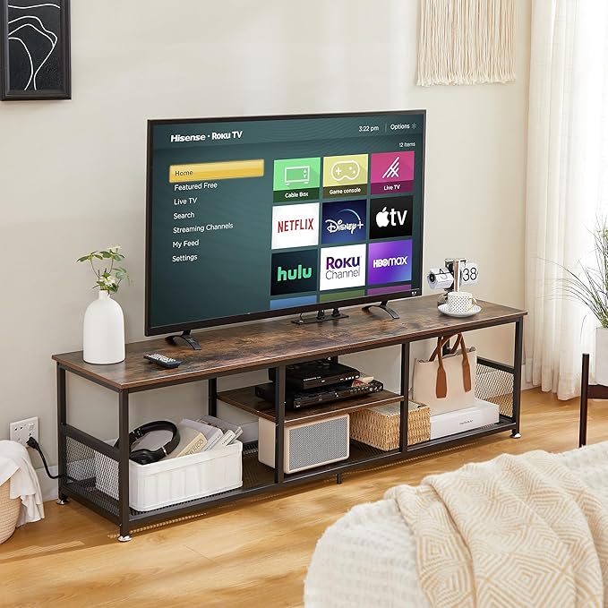 VECELO TV Stand with Power Outlets for Televisions up to 75Inch 62 Media Entertainment Center with Charging Station 3-Tier Open Storage Shelves with Metal Frame for Living Room/BedroomBrown