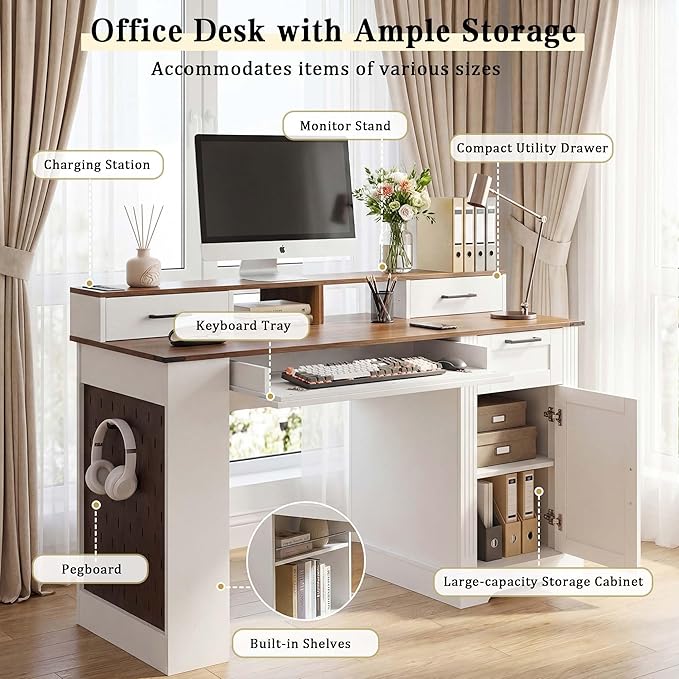 White Farmhouse Desk with Drawers &amp Charging Station Wood Executive Desk with Storage Cabinet &amp Keyboard Tray Computer Desks with Monitor Stand &amp Pegboard for Home Office (White + Brown)