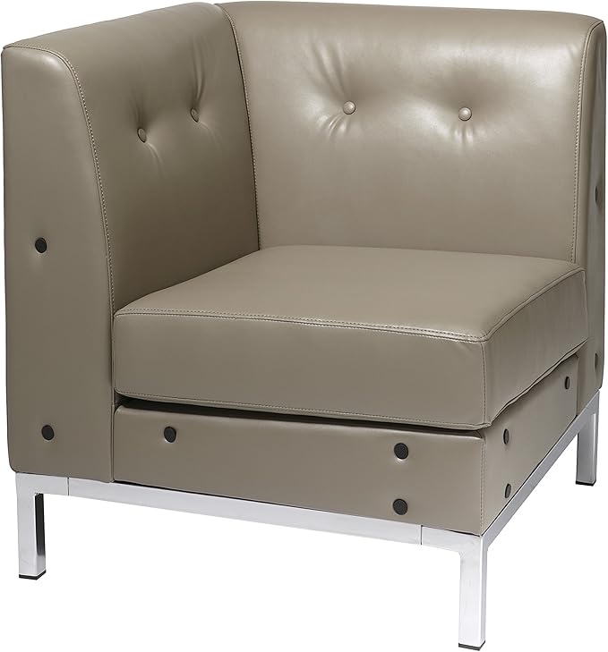 OSP Home Furnishings Wall Street Faux Leather Corner Chair with Box-Spring Cushion Button Tufted Back and Chrome Finish Base Smoke Grey