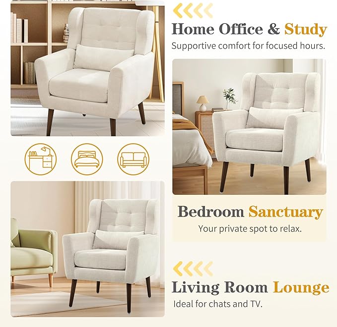 Modern Accent Chair Upholstered Armchair with Pillow Fabric Single Sofa Chair with Lounge Seat and Wood Legs Accent Chair for Living Room Bedroom Small Spaces (Beige Set of 2)