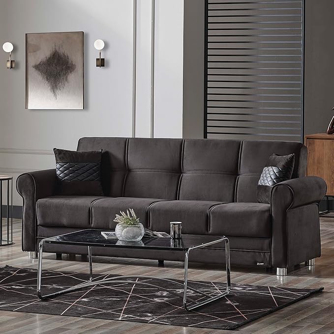 Sweet Home Stores 87 Convertible Sofa Bed with Storage Firm Fabric 3 Seater Upholstered Sleeper Sofa Couch Futon for Living Room Black