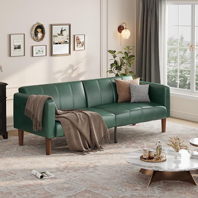 GarveeHome Futon Sofa Bed 75-Inch Modern Faux Leather Convertible Couch Mid-Century Loveseat for Small Space Living Room Bedroom Green