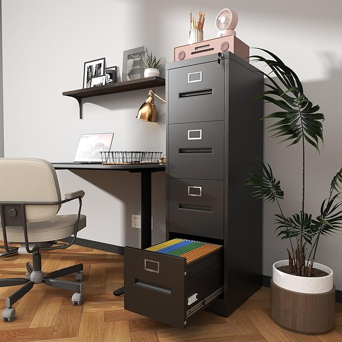 4 Drawer File Cabinet with Lock Metal Vertical File Cabinet Office Home A4 Legal/Letter Size Narrow File Cabinet LockedAssembly RequiredBlack