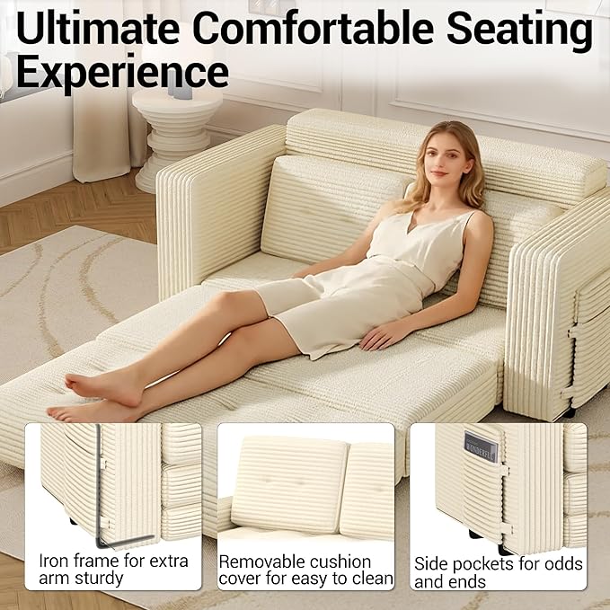 3 Fold Convertible Sofa Bed Pull Out Loveseat Couch Sleeper Sofa Folding Sofabed with Pillows for Living Room Bedroom Beige