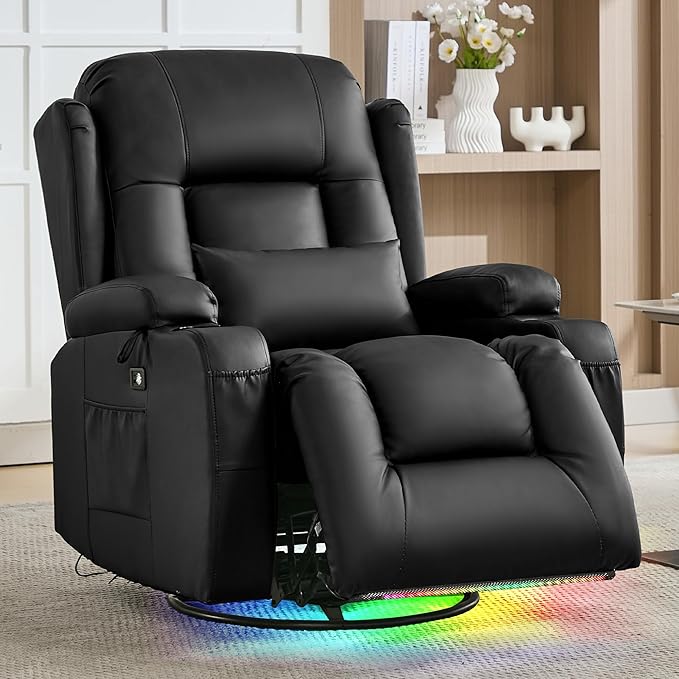 URRED Rocker Recliner Chair for Adults 270° Swivel Glider Reclining Single Sofa with LED Ambient Light Cup Holders and Side Pockets Faux Leather Recliner for Living Room or Home Theater Black
