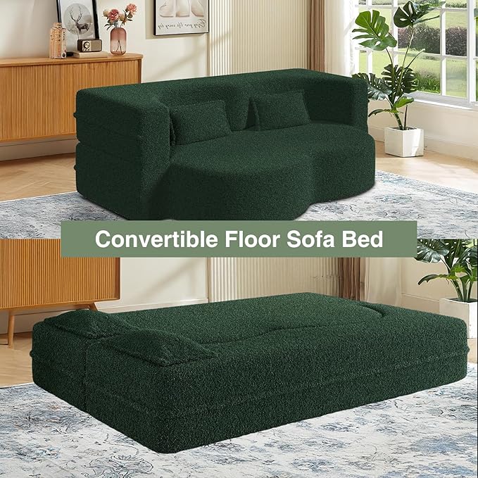 78 Convertible Folding Sofa Bed 2-in-1 Full Size Floor Boneless Couch Bed Loveseat sleeper Couch  Teddy Floor Sofa Memory Foam Sleeper SofaBed Small couches for small spaces No Assembly (Green)