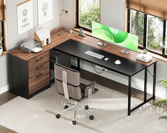 AODK 61 L Shaped Office Desk with Wood Drawers &amp Lockable File Cabinet Reversible 21.7 D Corner Computer Desk with Built-in Power Outlets Executive Desk for Home Office Walnut