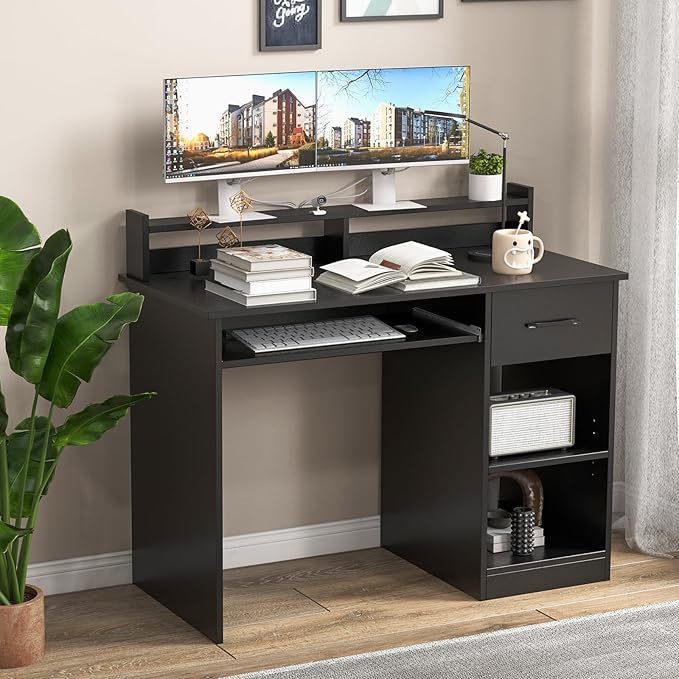 HAPPYGRILL Computer Desk with Monitor Stand Home PC Office Desk with Keyboard Tray Drawer &amp CPU Stand Study Writing Desk Home Workstation Desk with Display Shelf