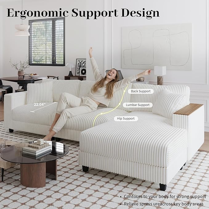 Modular Sectional Sofa 114.5 Convertible L Shaped Couch with Corduroy Fabric 3 Seater Corner Sleeper Sofa with Chaise Storage Armrests &amp 2 Pillows Modern Comfy Upholstered Couches for Living