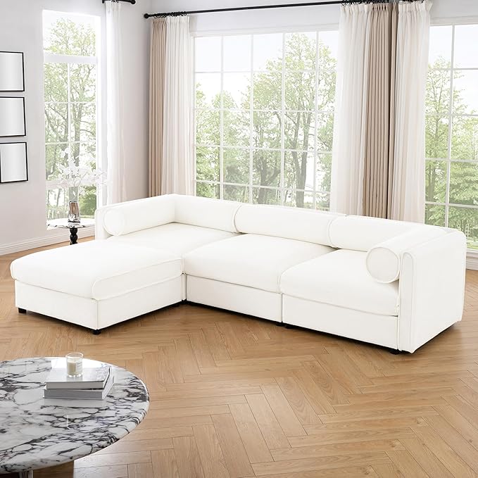 109 inch Cloud Modular 3 Seater Sofa with Storage Ottoman Modern Upholstered Storage Sofa Couch Deep Seat L Shape Sectional Sofa Chenille Comfy Couch for Living Room Apartment White