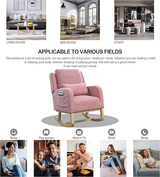 Nursery Rocking Chair Glider Chair with Side Pockets and Pillow Upholstered Side Chair with Rubber Wood Legs Comfy Accent Arm Chair for Bedroom Living Room (Pink Teddy)