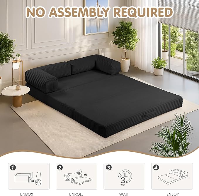 5-in-1 Convertible Sofa Bed54 Boneless Couch Tri Folding Floor Mattress with Removable L-Shaped Armrests &amp HandleCorduroy Futon Couch Sleeper with Pull Out Bed for Living Room Bedroom Apartment