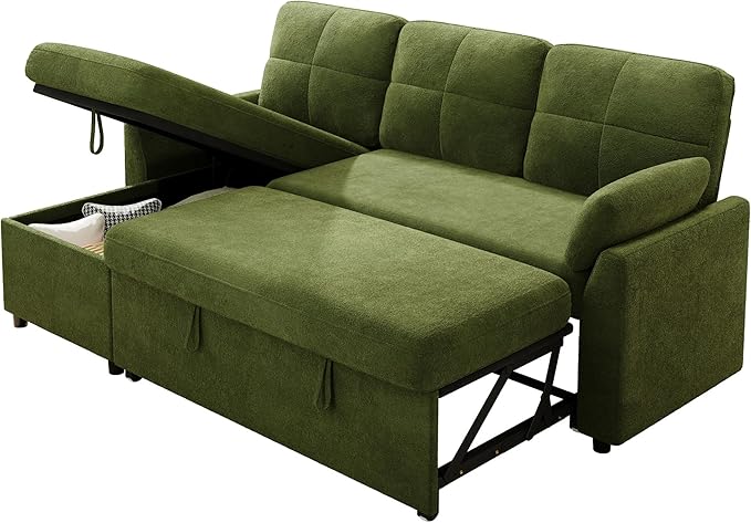AMEILIFE Sofa Bed Sleeper Sofa with Storage Chaise Convertible Sofa Bed with Pull Out Couch l Shaped Couch for Living Room-Green Linen