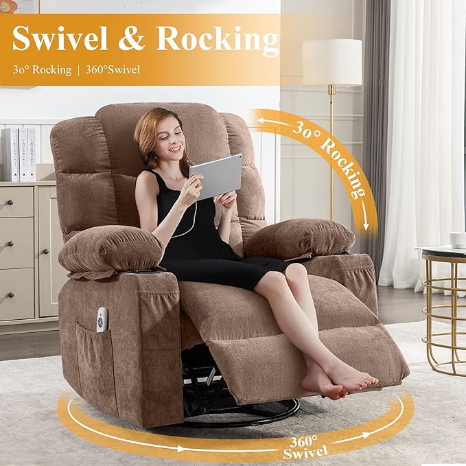 Oversized Massage Swivel Recliner Chair with Lumbar Heating for Living Room Rocker Recliner Single Sofa with Cup Holders and USB Charge Port Large Big Chair Recliners for Adult