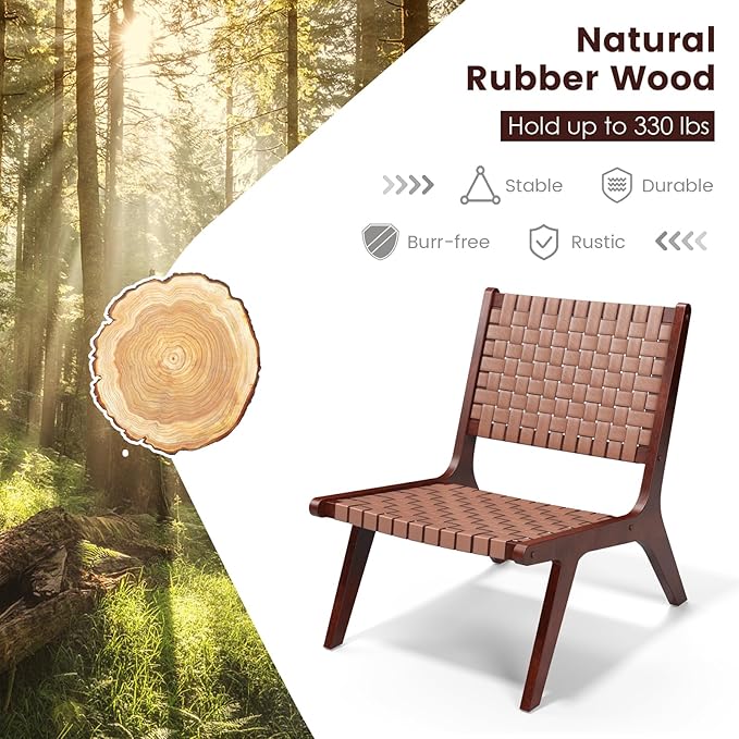 Giantex Woven Leather Accent Chair Set of 2 Boho Mid Century Modern Lounge Chair w/Wood Frame Max Load 300 Lbs Wicker Living Room Chair Armless Accent Side Chair for Reading Bedroom Brown
