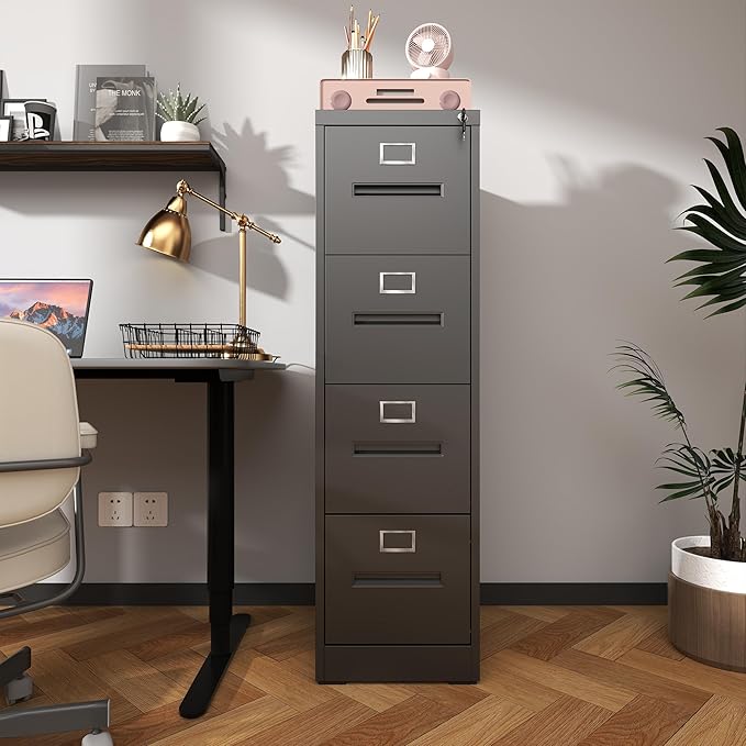 4 Drawer File Cabinet with Lock Metal Vertical File Cabinet Office Home A4 Legal/Letter Size Narrow File Cabinet LockedAssembly RequiredBlack