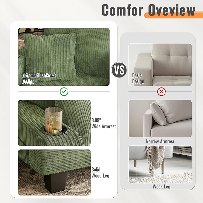 YESHOMY Couches for Living Room Comfy Corduroy Cloud Couch 3 Seater Sofa with Deep Seat Modern Couch with 2 Pillows and 2 Cup Holders for Apartment (Green) | Deep Seat Cloud Cousion Soft Pillows