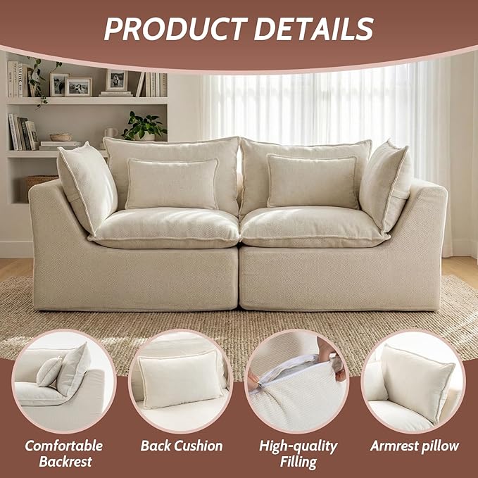 75 Cloud Loveseat Sofa for Small Space Waffle Knit Boneless Couch Deep Seat Oversized 2-Seater Modular Foam Apartment FurnitureWhite