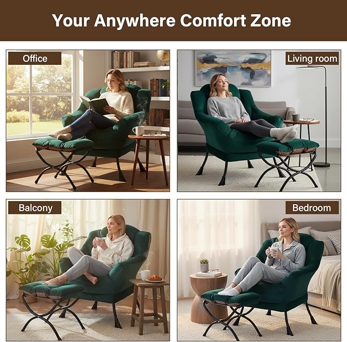 Welnow Lazy Chair with Ottoman Modern Accent Chair with Armrests and a Side Pocket Leisure Sofa Armchair Reading Armchair with Footrest for Small Space Dark Green