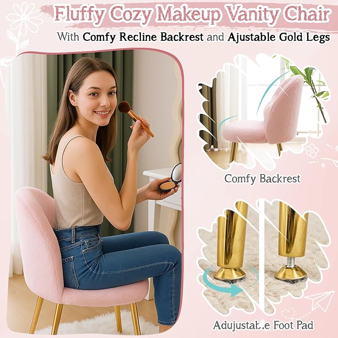 VINGLI Fluffy Girls Vanity Chair with Back &amp PillowCute Small Cozy Desk Chair No WheelsComfy Makeup Ch with Ajustable Gold Legsfor BedroomLiving RoomSmall SpacePink