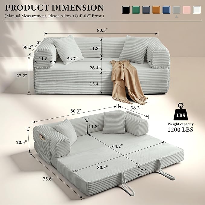 Boneless Couch Futon Sofa Bed Sectional Couches for Living RoomCloud Couch with Sleeper SofaSofas for Living Room Oversized Corduroy Upholstered (Light Grey 81 Inches (with Iron Frame))