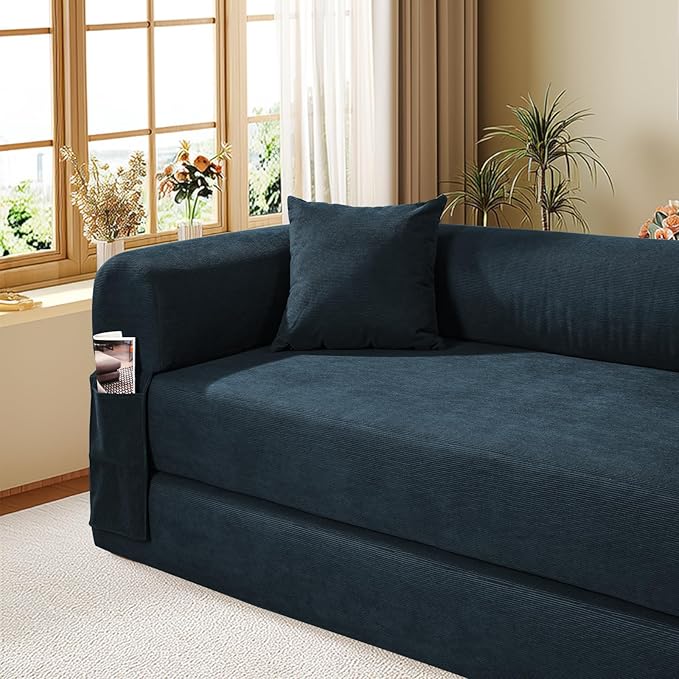 Convertible Futon Sofa Bed80 Folding Pull Out Couch with Pillows &amp Storage Pocket Oversized Queen Sleeper Sofa in a BoxCorduroy Boneless Couch for Living RoomNavy Blue