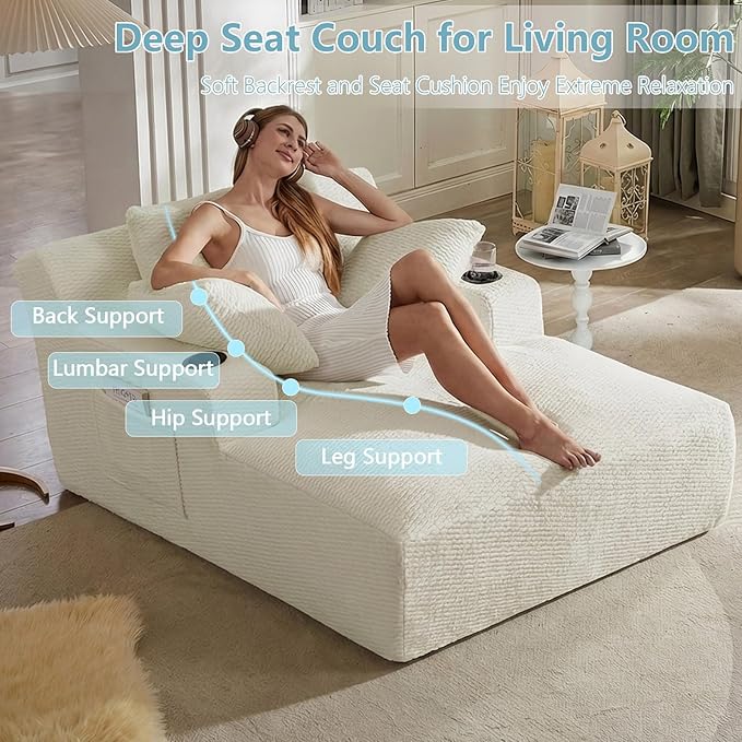49.2Oversized Chaise Lounge Chair IndoorFaux Fur Boneless Reading Chair with Cup Holder&ampSide PocketsCloud Sofa BedComfy Modern Sleeper Chairs in Box for Living RoomNo Assembly(Light Grey)