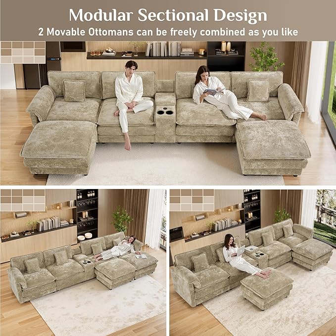 152 Oversized Modular Sectional Sofa U Shaped Cloud Couch Modern 6 Seat Sofa Set for Living Room Comfy Chenille Couch with Storage Central Console Movable Ottomans Cup Holders USB Ports Camel