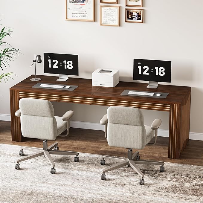 LITTLE TREE 78.7-Inch Two Person Desk Double Monitor Office Desk for 2 Person Large Executive Wood Desks Conference Table Home Office Dark Brown