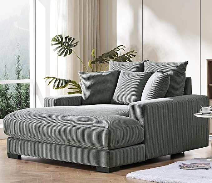 Luxe Upholstered Chaise Lounge Sofa in Soft Corduroy Fabric with Removable Cushions Oversized Chair for Relaxing in Living Room or Bedroom 55.1 Wide Grey