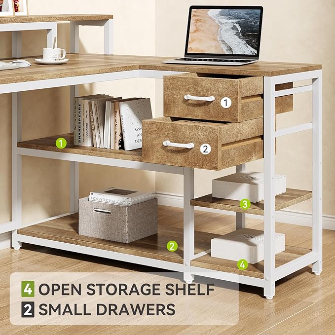 LITTLE TREE 55-Inch L-Shaped Computer Desk Reversible Computer Desk with Drawers and Storage Shelves Corner Desk Gaming Desk Work Desk for Home Office Walnut