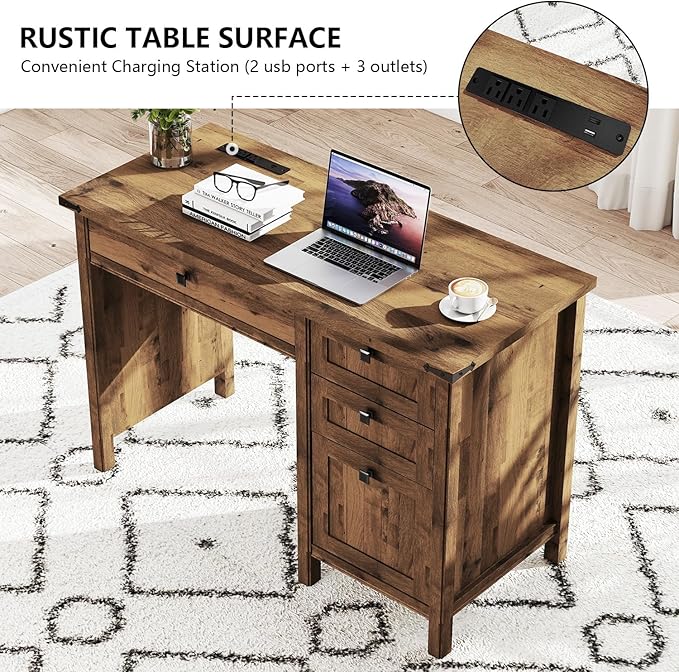 Farmhouse Executive Desk 45 inch Computer Desk with 4 Drawers Smart Charging Station Home Office &amp Study Room Essential for Remote Workers Professionals &amp Students.Vintage