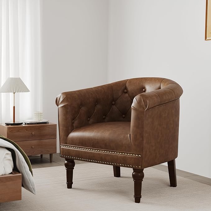 Accent Chair Upholstered Faux Leather Barrel Chair with Nailed Trim Comfy Club Armchair for Reading Living Room Bedroom Waiting Room (Rust Set of 1)