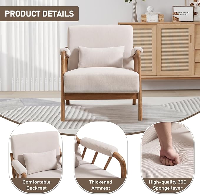 Bonzy Home Mid Century Modern Accent Chair Upholstered Arm Chair Solid Wood Comfy Reading Chairs with Lumbar Pillow for Living Room Bedroom Reading Room Beige