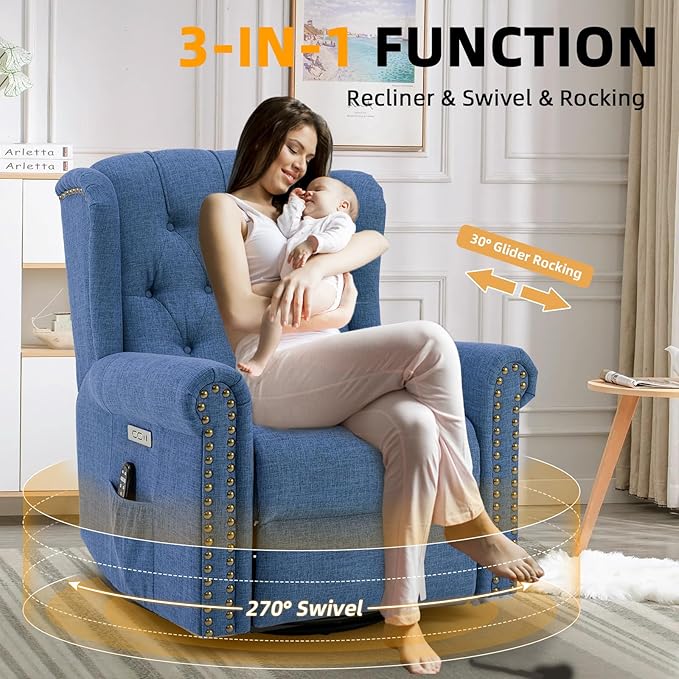 Power Swivel Rocking Glider Recliner Chair Electric Nursery Reclining Sofa Chair with Heat and Massage Wingback Tufted Upholstered Recliner for Living Rooms USB and Type-C Port Blue
