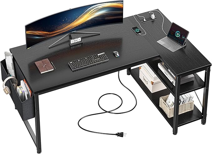 EnHomee 48 L Shaped Desk Office Desk with Power OutletsComputer Desk with Reversible Storage Shelves &amp Side BagSmall Gaming Desk for Gaming Working Small Space Home Office BedroomBlack