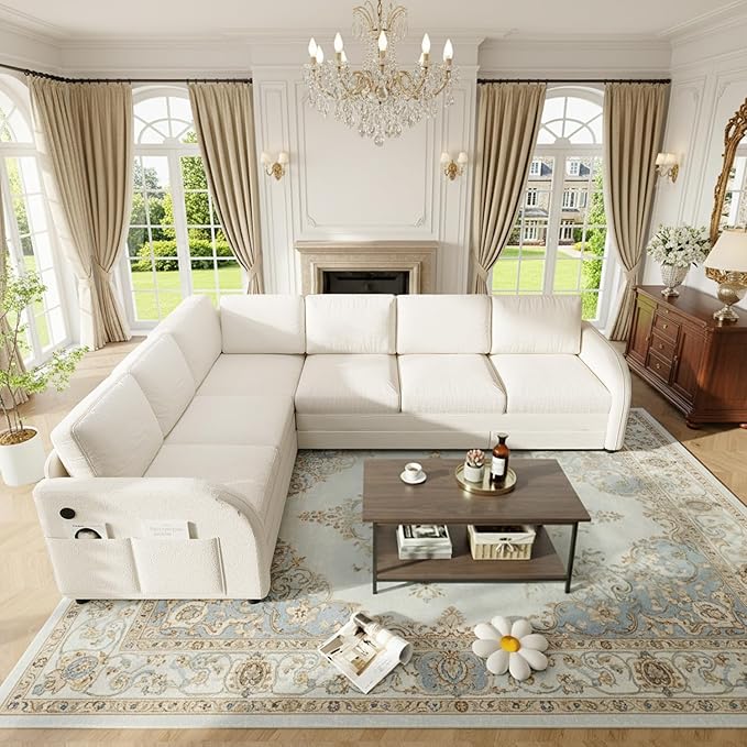 115.2 L Shaped Couch Bed Sectional Couches for Living Room Teddy Fabric Sleeper Sofa Bed with Pull Out Couch Convertible Sectional Couch with Charging Station &amp Side Pocket Beige