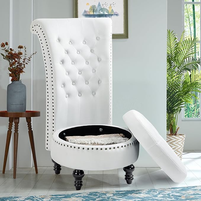 AVAWING High Back Throne Chair Velvet Armless Royal Accent Chair w/Storage Nailhead Trim &amp Rubberwood Legs for Living Room &amp Bedroom White