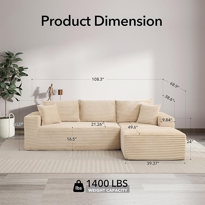 108 Cloud Sectional Couch with L-Shape Chaise Modern Modular Sofa with Deep Seat Boneless Cloud Couches for Living Room Bedroom No Assembly Required Plush Corduroy (Beige Right Facing Chaise)