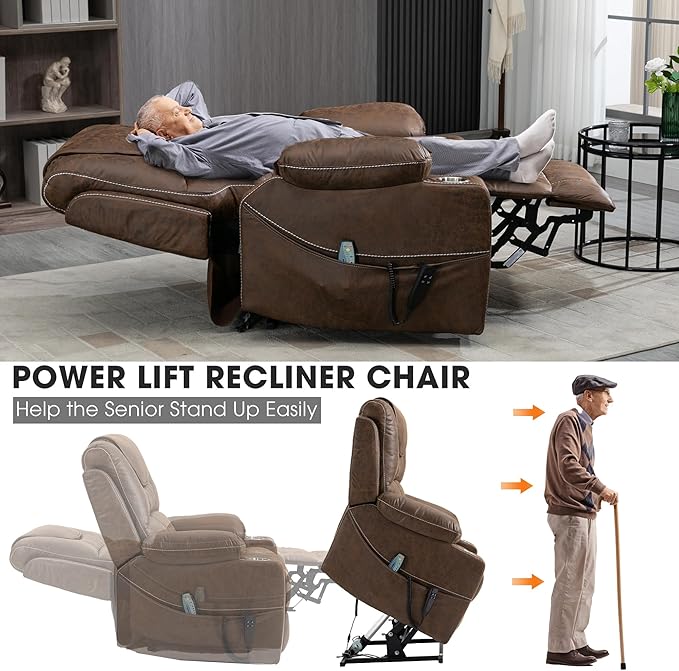 Large Power Lift Recliner Chair Sofa with Massage and Heat for Big and Tall ElderlyInfinite PositionsDual MotorCup HoldersExtended FootrestAir Leather Home Theater Seat